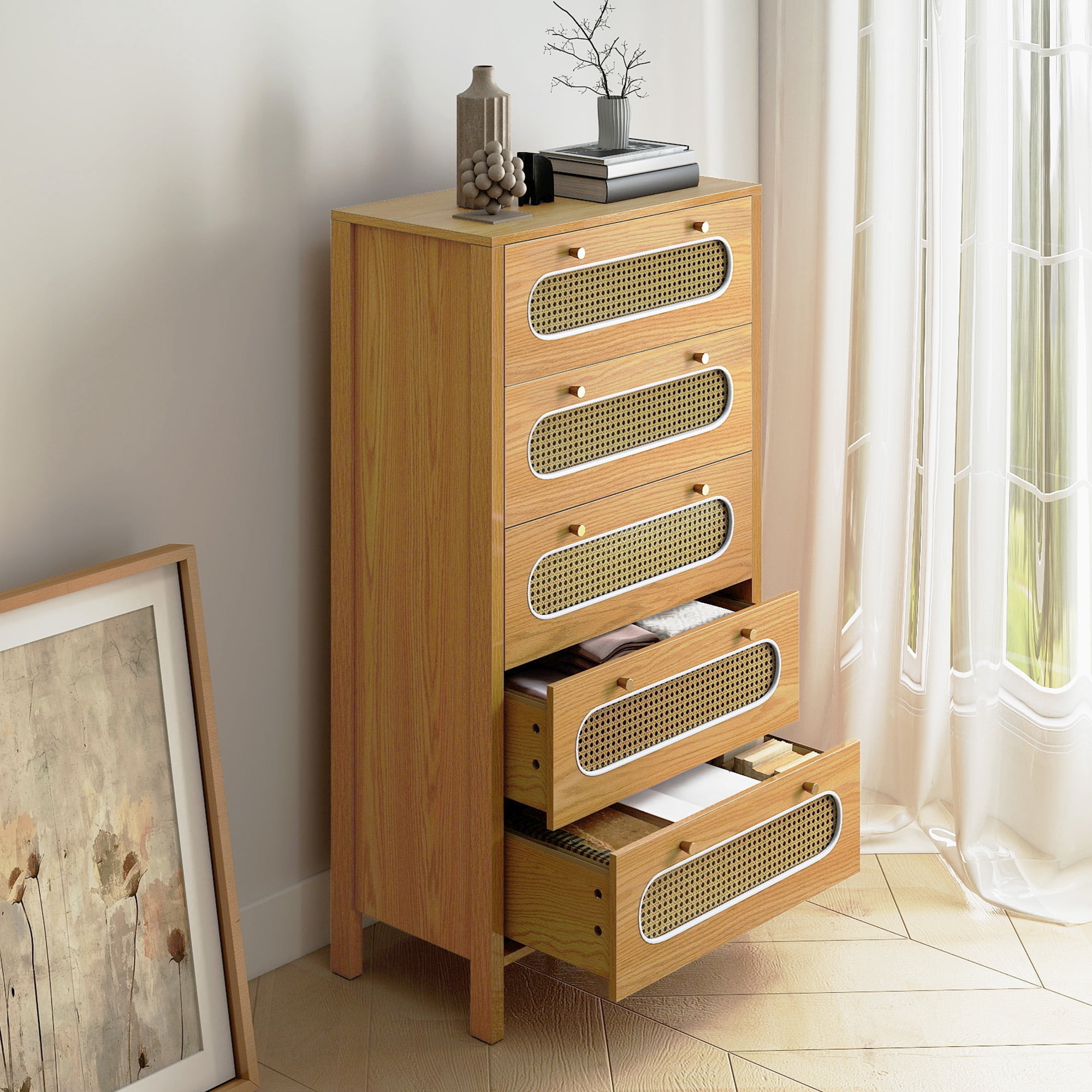 Uforic 5-Drawer Wood Dresser with Anti-tip Device for , Boho Vertical Chest of Drawers, Oak