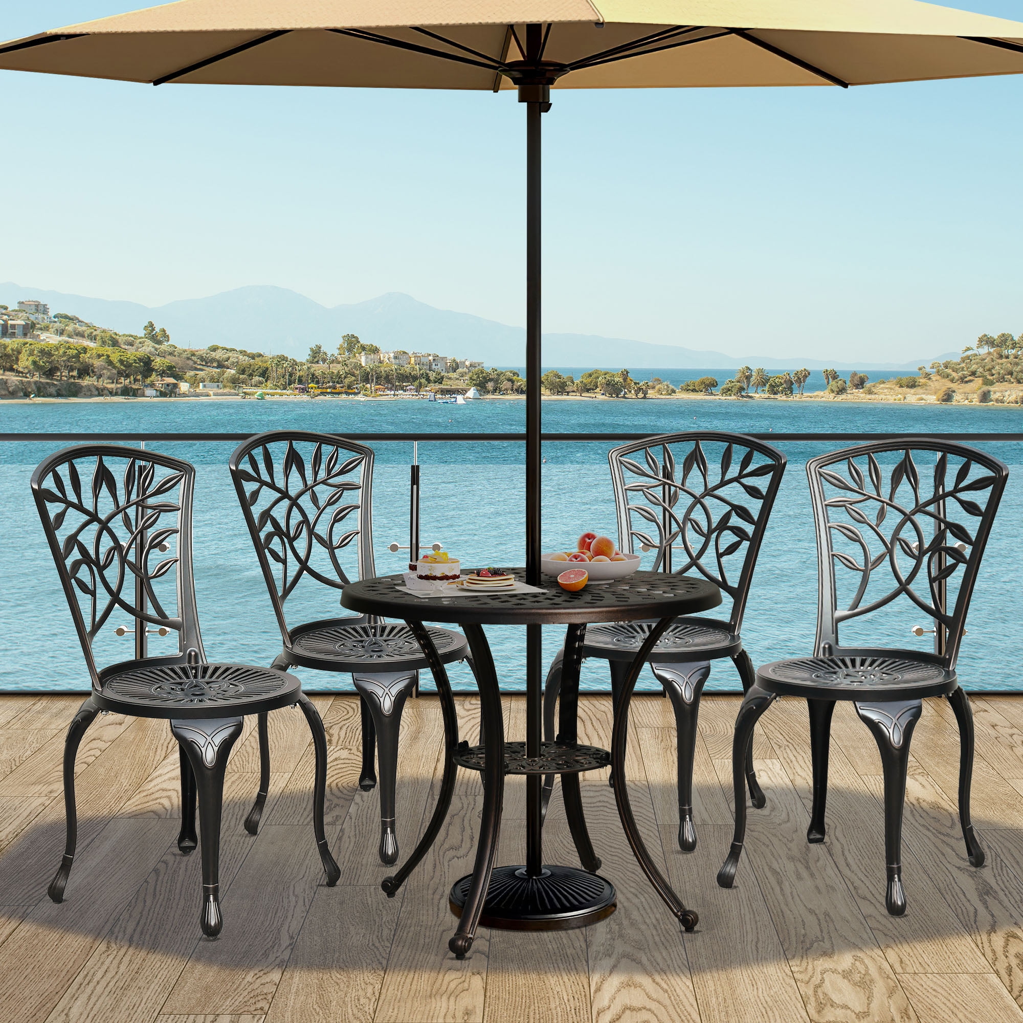 Uforic 5 Piece Outdoor Patio Furniture Patio Dining Sets, Cast Aluminum Patio Bistro Set of 4 Chairs, 30.7 Inches Round Table with Umbrella Hole
