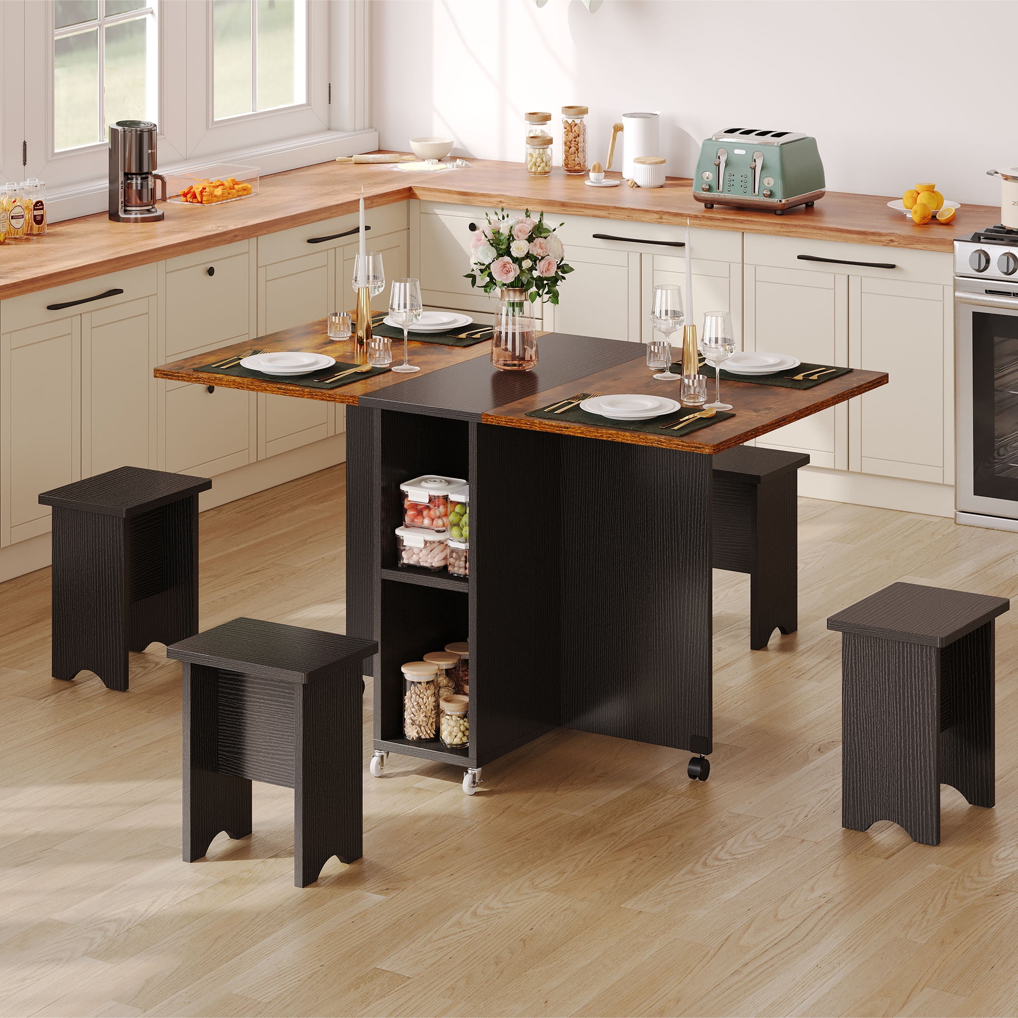 Uforic 5 Pieces Folding Dining Table Set with 4 Chairs, 55'' Drop Leaf Table Set with Storage Racks & Wheels,Multifunction Table Extension Dinner Table Set for 4 Peoples for Small Space, Brown - Walmart.com Uforic 5 Pieces Folding Dining Table Set with 4 Chairs, 55'' Drop Leaf Table Set with Storage Racks & Wheels,Multifunction Table Extension Dinner Table Set for 4 Peoples for Small Space, Brown - Walmart.com