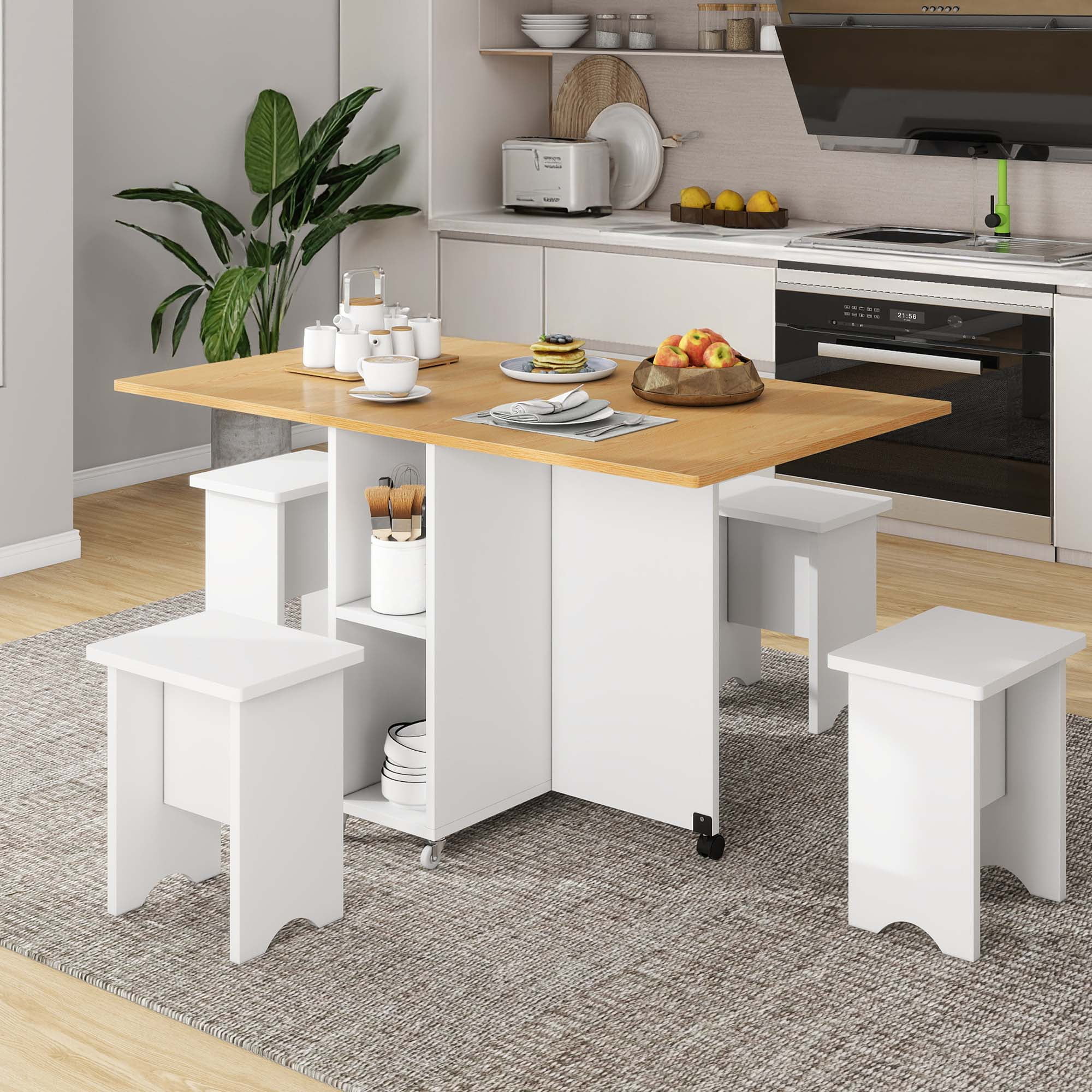 Uforic 5 Pieces Folding Dining Table Set with 4 Chairs, 55'' Drop Leaf Table Set with Storage ...