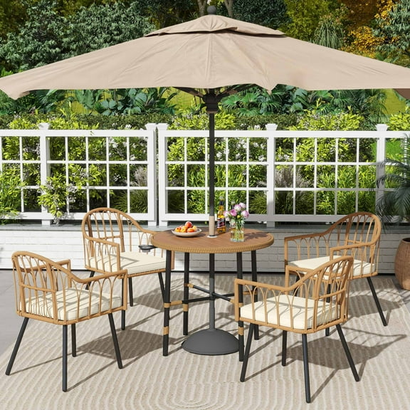 Uforic 5 Pieces Outdoor Patio Dining Table Set, 4 Rattan Wicker Dining Chair and ROUND Dining Table with Umbrella Hole for Garden, Lawn,Patios, Backyard