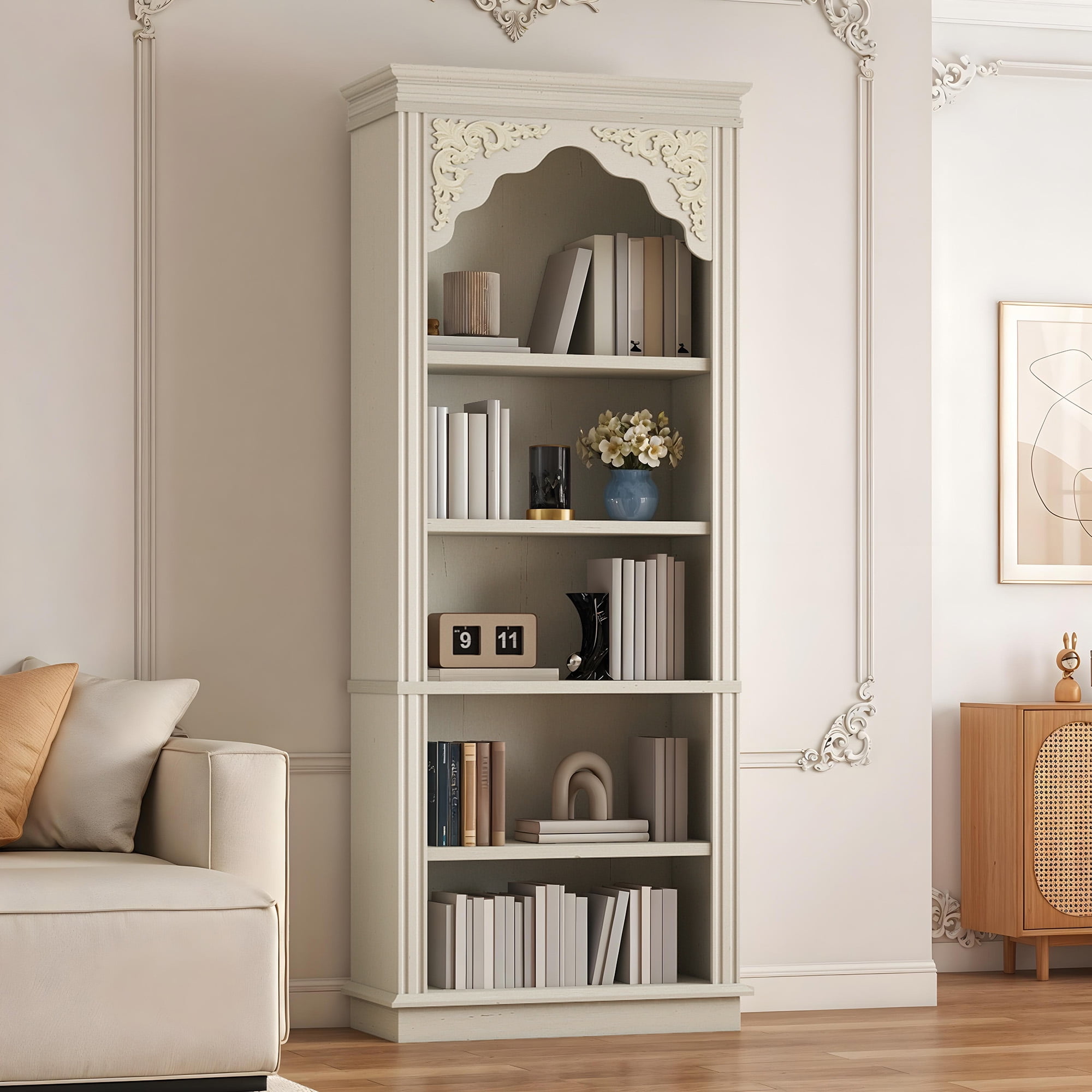 Uforic 5-Tier Bookcase, Vintage Arched Tall Bookshelf with Adjustable Shelves, White Open Display Rack, 23.6"