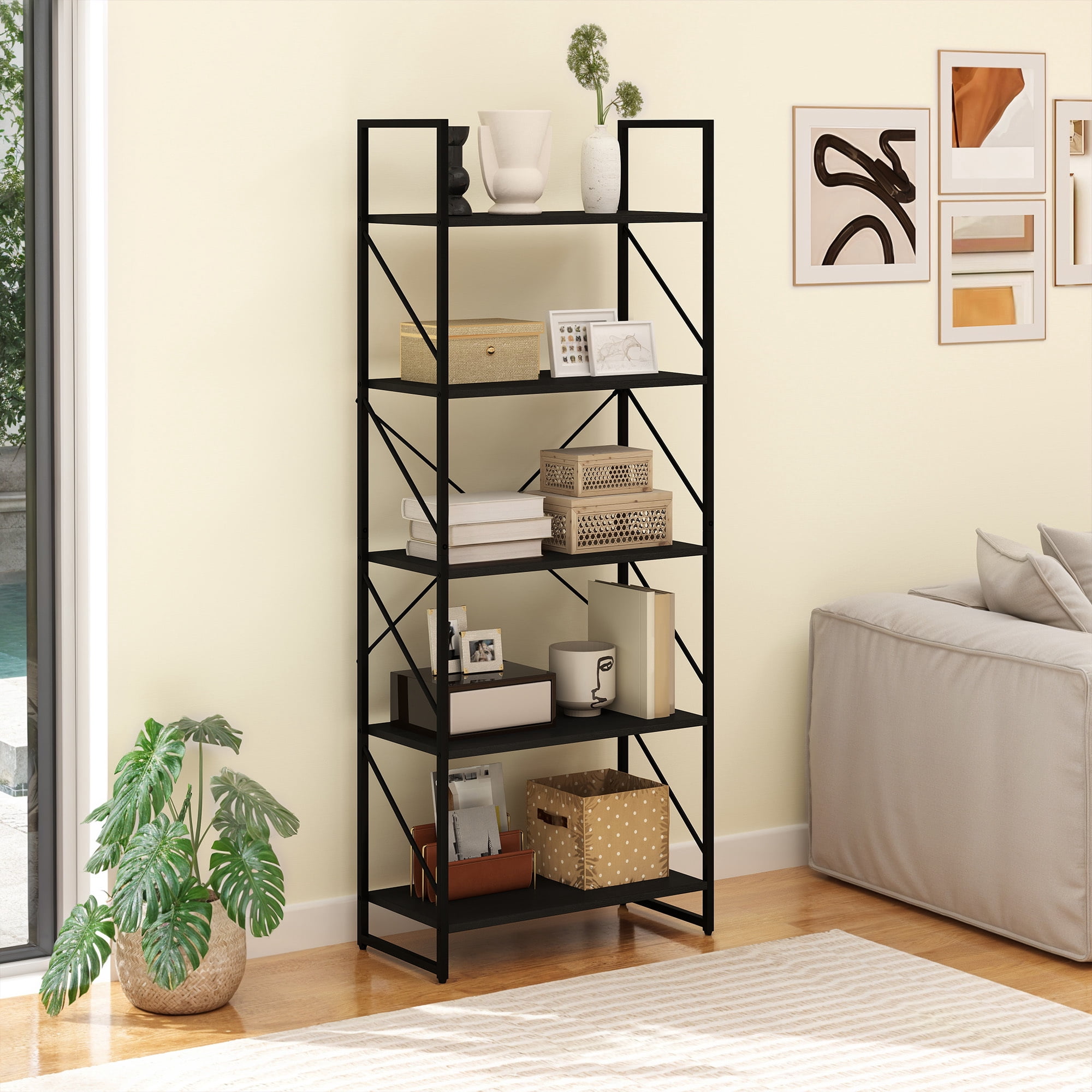 Uforic 5 Tier Bookshelf, Classic Home Office Bookcase Storage Organizer, Free Standing Book Rack,Black