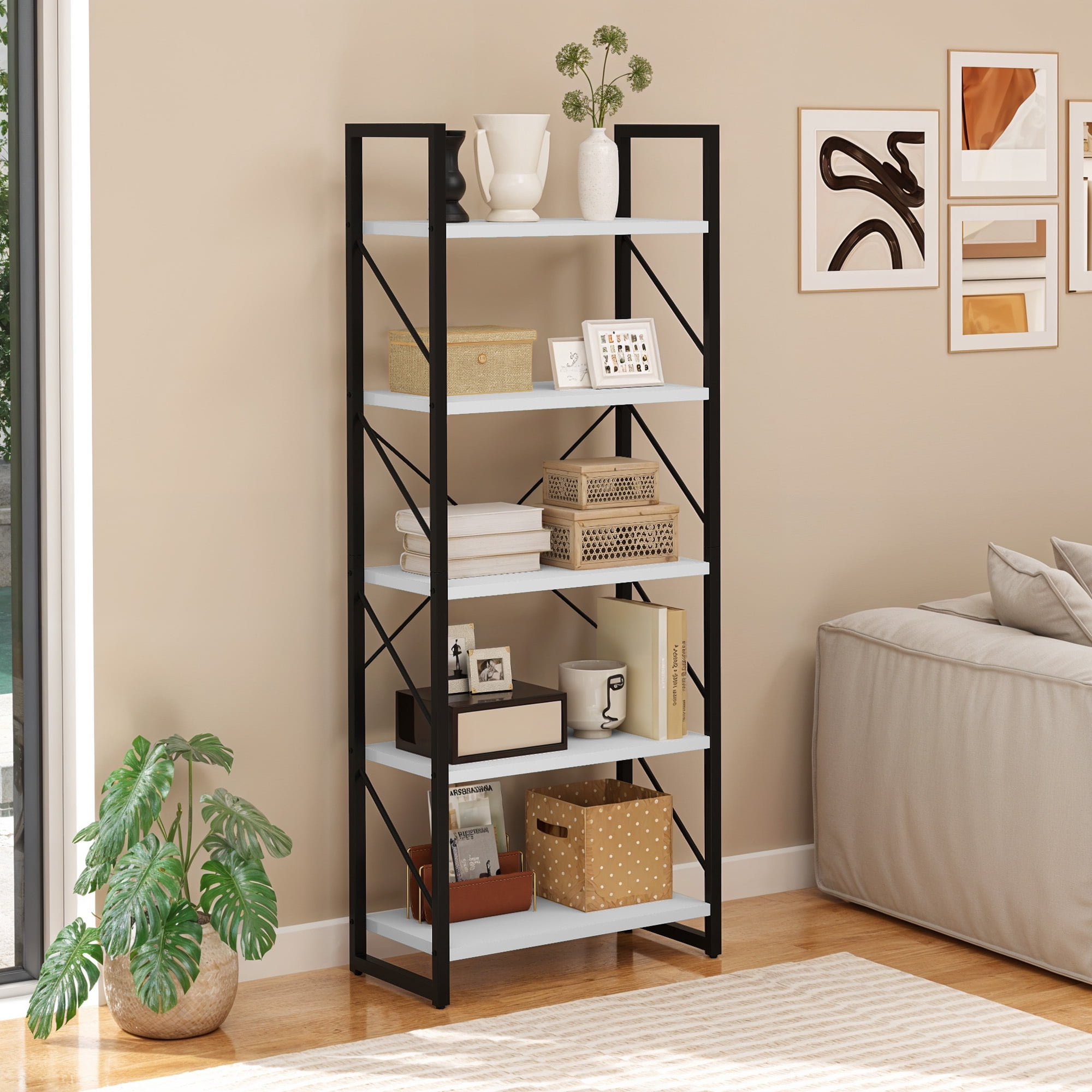 Uforic 5 Tier Bookshelf, Classic Home Office Bookcase Storage Organizer, Free Standing Book Rack, White