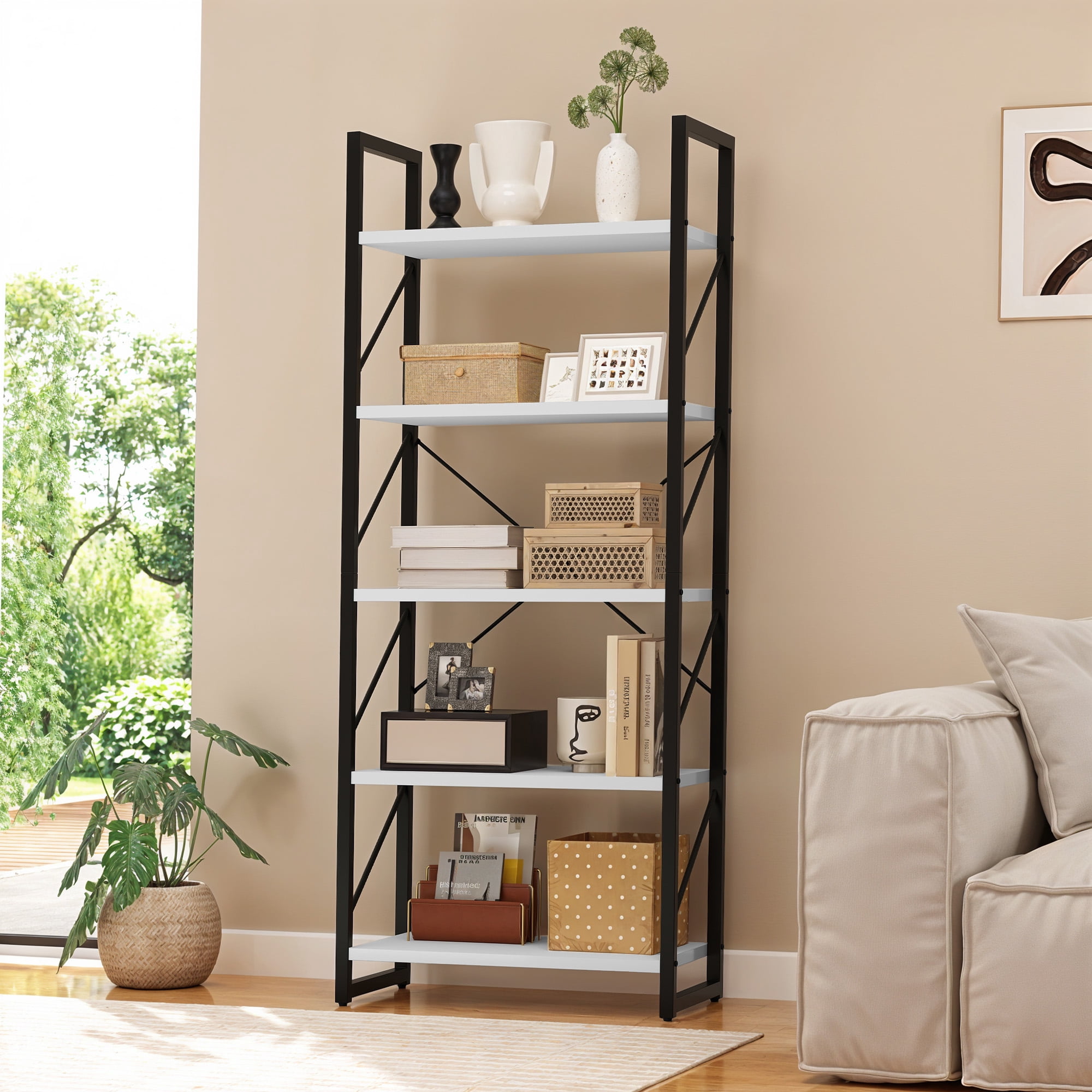 Uforic 5 Tier Bookshelf, Classically Home Office Bookcase Shelf Storage Organizer, Book Rack, White