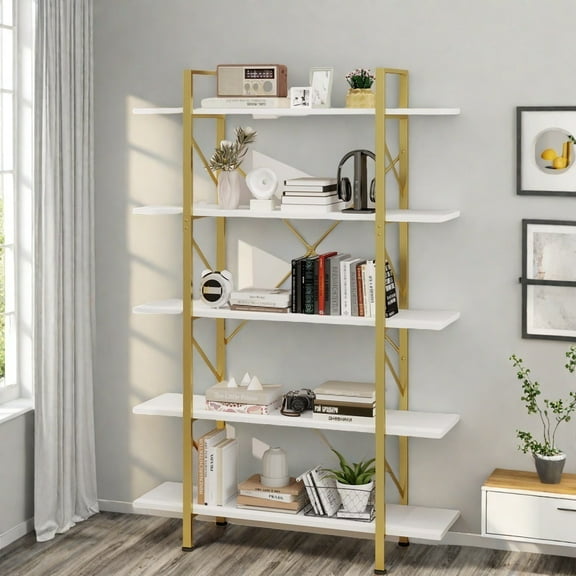 Uforic 5 Tier Bookshelf, Freestanding Industrial Bookcase, Storage Shelving Unit for Home Office, Gold & White