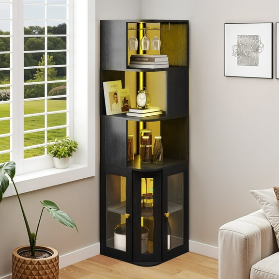 Uforic 5 Tier Corner Bar Cabinet with LED Lights & Glass Holder, Storage Cabinet with Door and Shelves, Black
