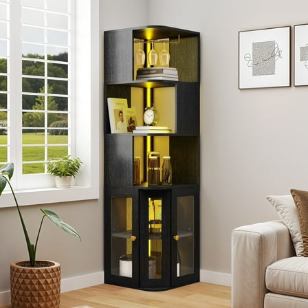 Uforic 5 Tier Corner Bar Cabinet with LED Lights & Glass Holder, Storage Cabinet with Door and Shelves, Black