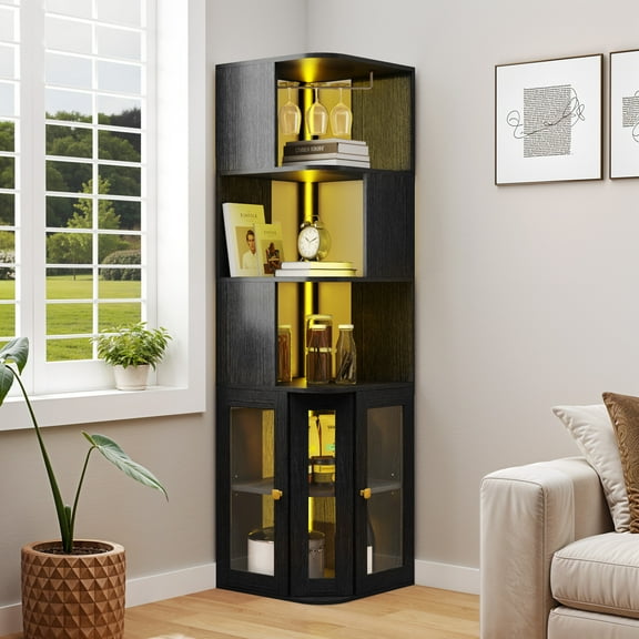 Uforic 5 Tier Corner Bar Cabinet with LED Lights & Glass Holder, Storage Cabinet with Door and Shelves, Black