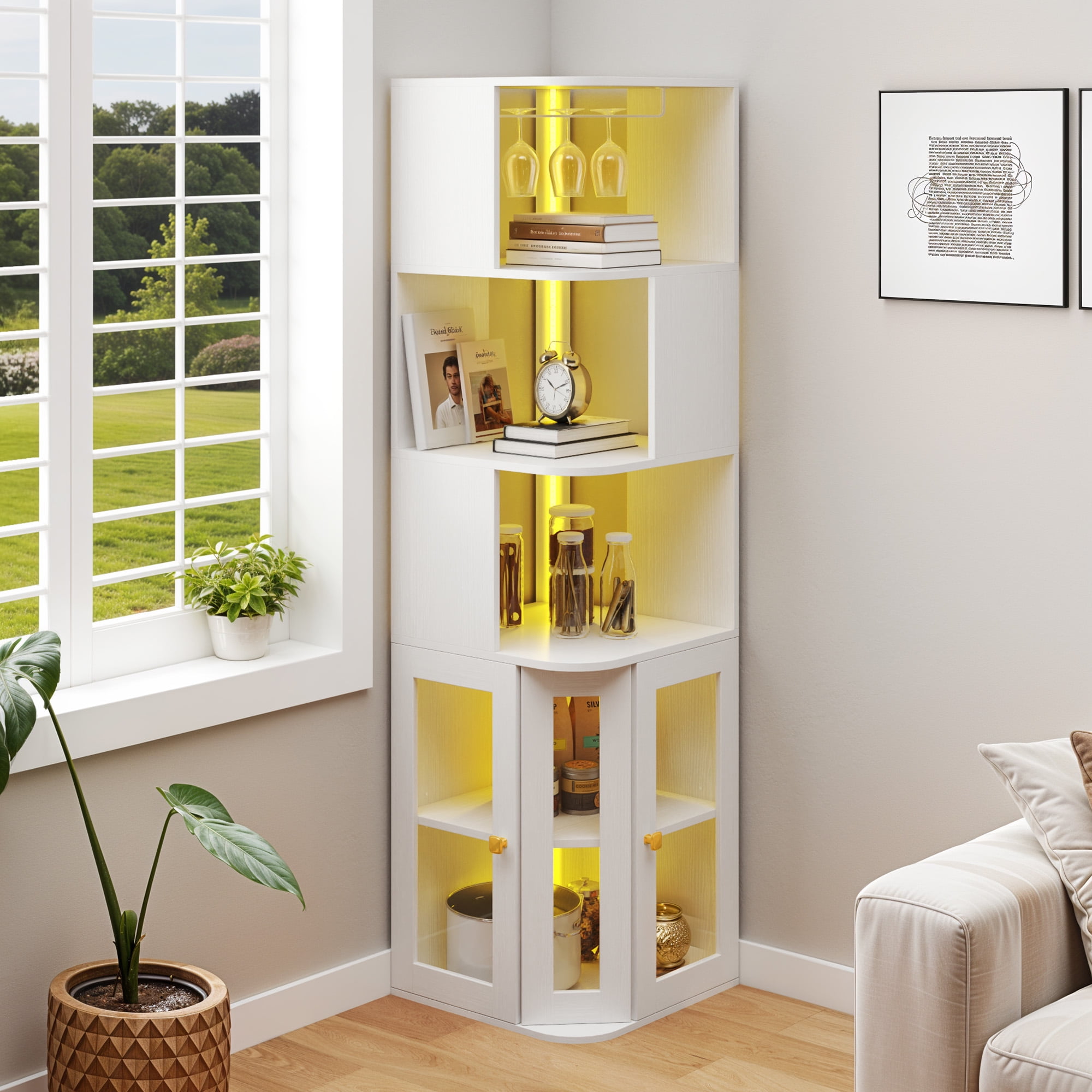 Uforic 5 Tier Corner Bar Cabinet with LED Lights & Glass Holder, Storage Cabinet with Door and Shelves, White