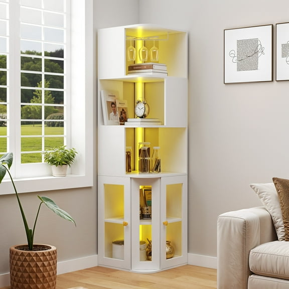 Uforic 5 Tier Corner Bar Cabinet with LED Lights & Glass Holder, Storage Cabinet with Door and Shelves, White