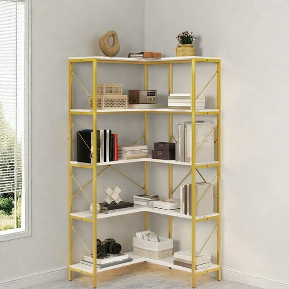 Uforic 5-Tier Corner Bookshelf, Corner Shelf Display Bookcase with Metal Frame for Home Office, Gold