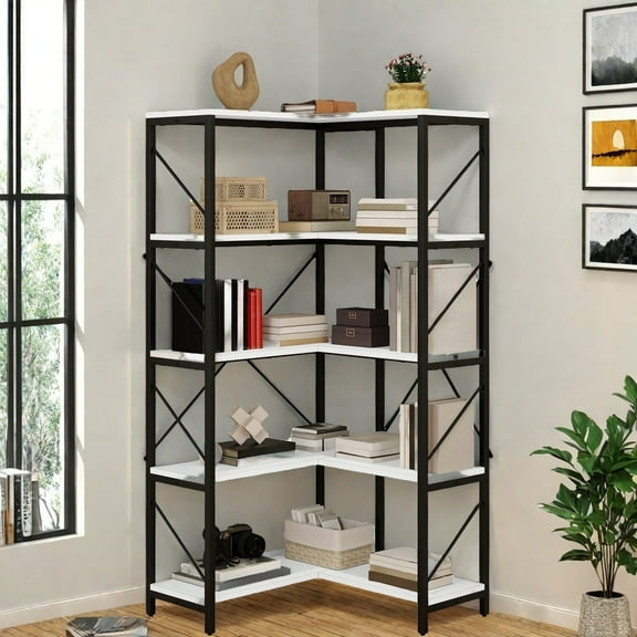 Uforic 5-Tier Corner Bookshelf, Corner Shelf Display Bookcase with Metal Frame for Home Office, White