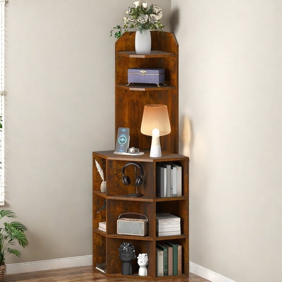 Uforic 5-Tier Corner Shelf with 9 cube,  Wooden Display Bookcases Bookshelf  with USB Ports, Brown