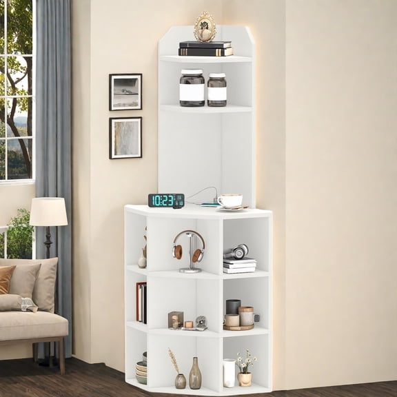 Uforic 5-Tier Corner Shelf with 9 cube,  Wooden Display Bookcases Bookshelf  with USB Ports, White