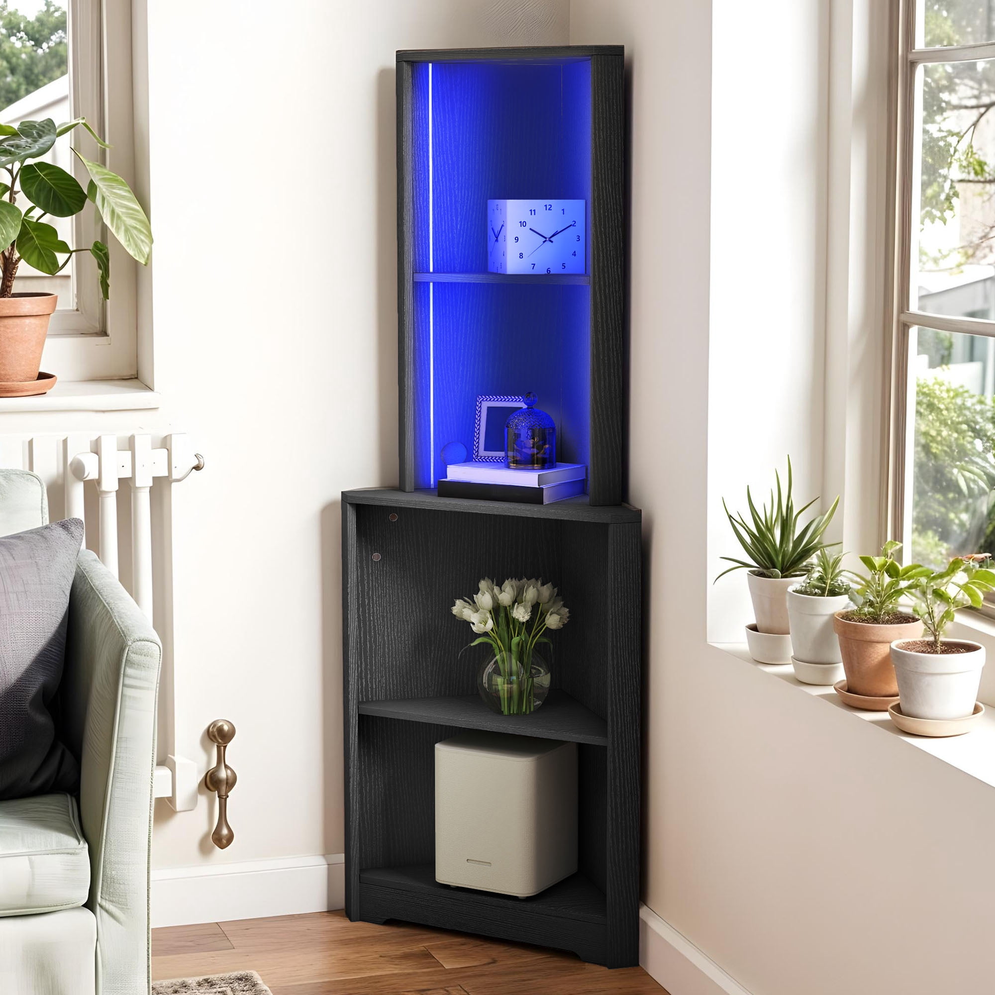 Uforic  5-Tier Corner Shelf with LED Light, Bar Cabinet Corner Bookshelf and Bookcase for Home, Black