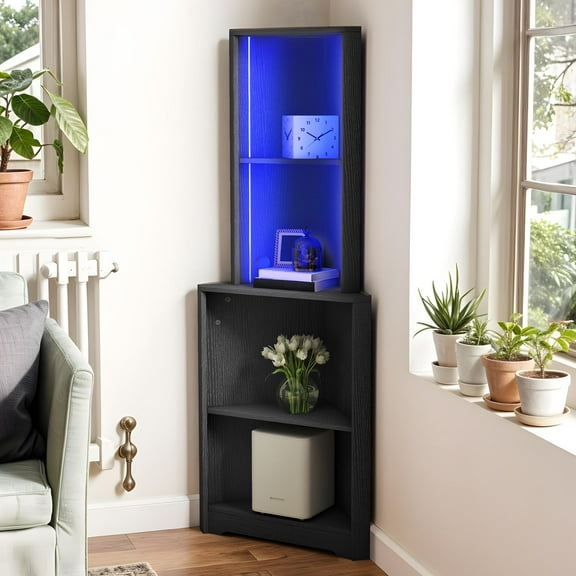 Uforic  5-Tier Corner Shelf with LED Light, Bar Cabinet Corner Bookshelf and Bookcase for Home, Black
