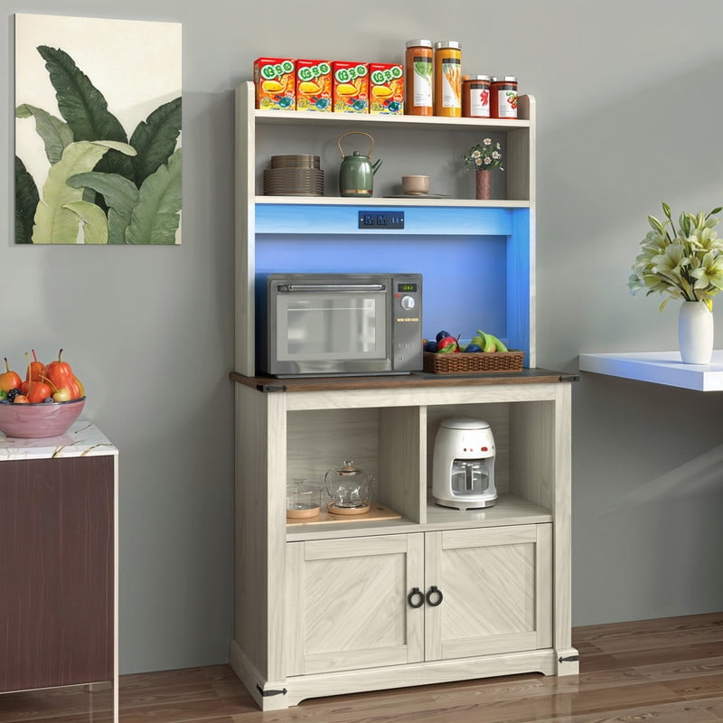 Uforic 5-Tier Kitchen Baker's Rack with Storage Cabinet & Shelf, Coffee Microwave Stand with Power Outlet, LED Light, Walnut Grain