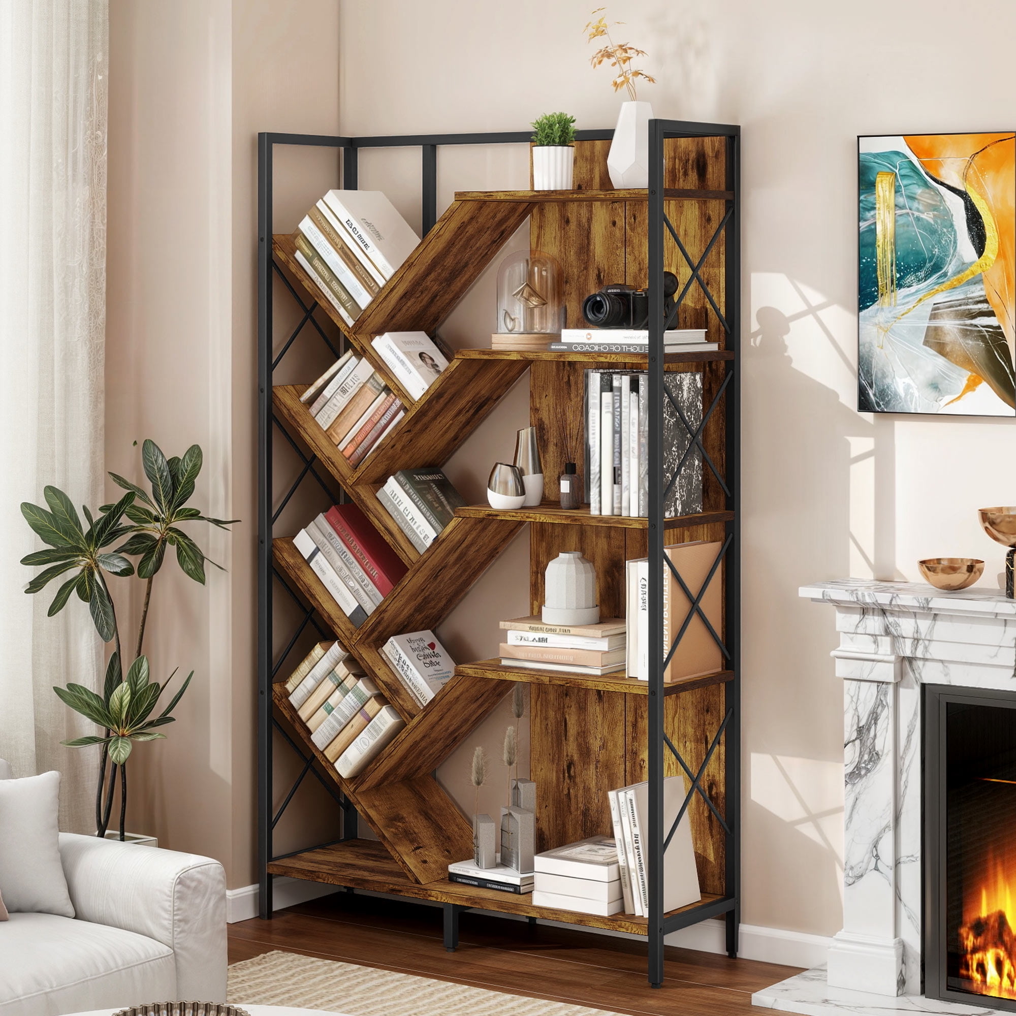 Uforic 5 Tier Tall Bookshelf, 70.8" Wide Tree Bookcase, Industrial Large Bookshelves, Etagere Storage Display Shelf for Living Room,Bedroom, Home Office, Brown