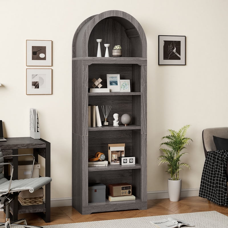 Uforic 5 Tiers Arched Bookshelf, 68.5" Tall Modern Bookcase Display Storage Rack Wooden Bookshelves, Gray