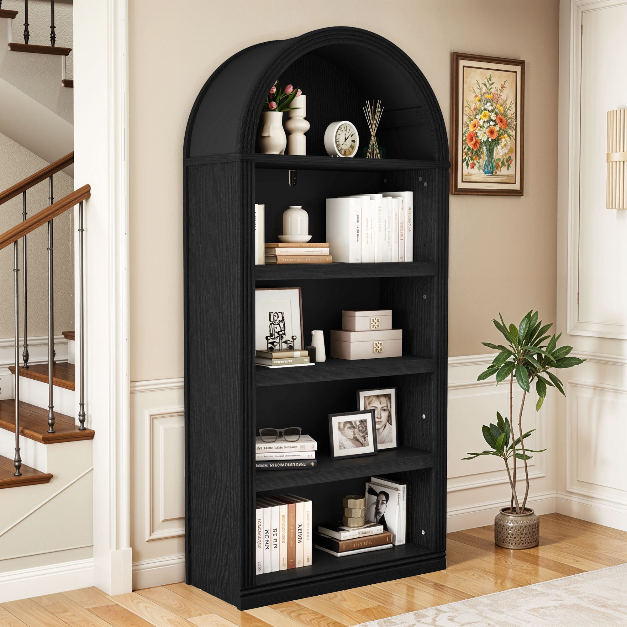 Uforic 5 Tiers Arched Modern Bookcase for Living Room, Black