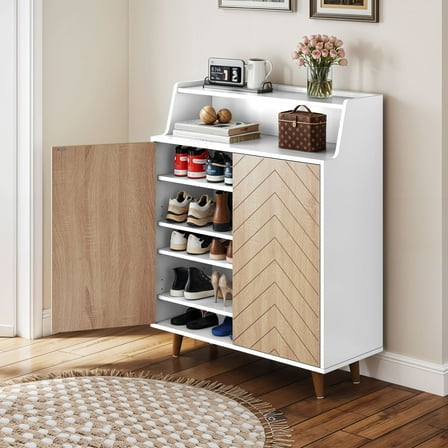 Uforic 5-Tiers Shoe Cabinet with Door, Shoe Rack Organizer Cabinet with Adjustable Shelves, White