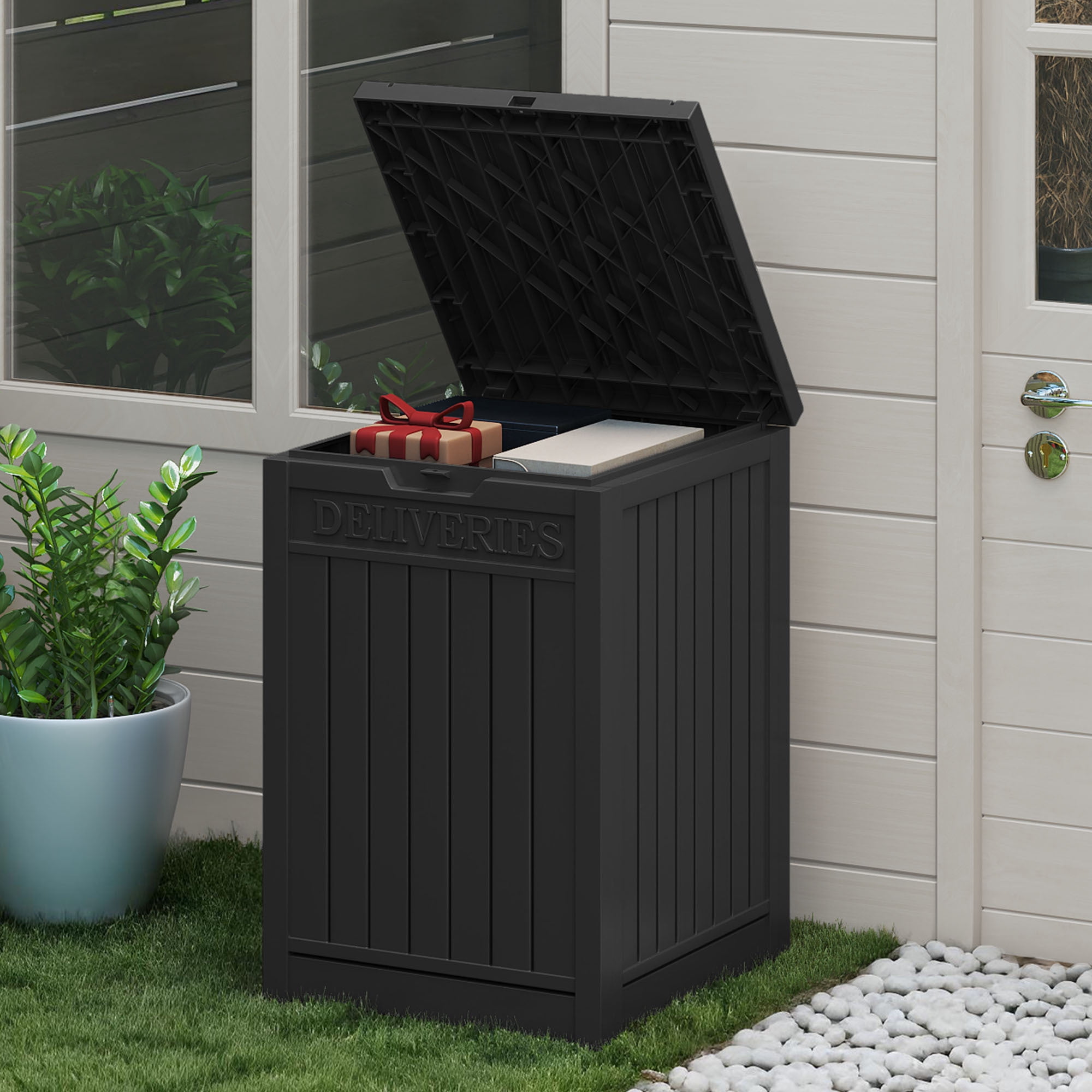 Uforic 51 Gallon Large Outdoor Resin Package Delivery Box, Waterproof Lockable Deck Storage Box for Porch & Curbside, Black