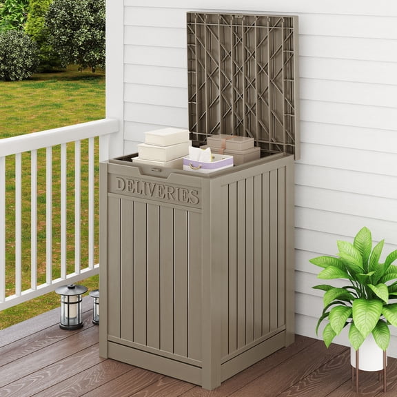 Uforic 51 Gallon Large Outdoor Resin Package Delivery Box, Waterproof Lockable Deck Storage Box for Porch & Curbside, Light Brown