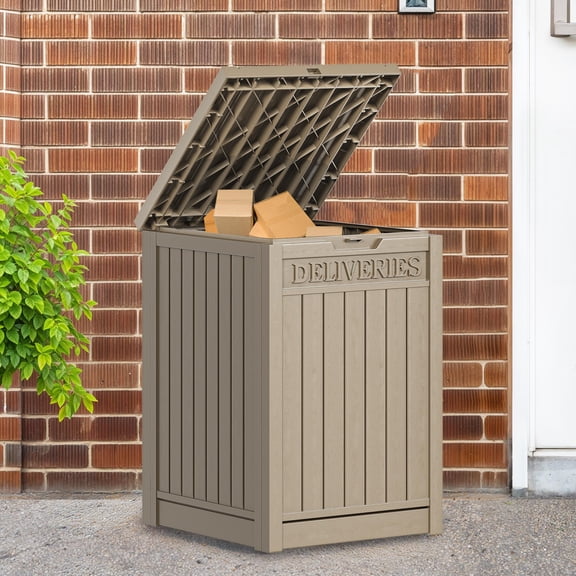 Uforic 51-Gallon Large Outdoor Resin Package Delivery Storage Box, Waterproof Deck Box for Porch or Curbside, Lockable, Light Brown