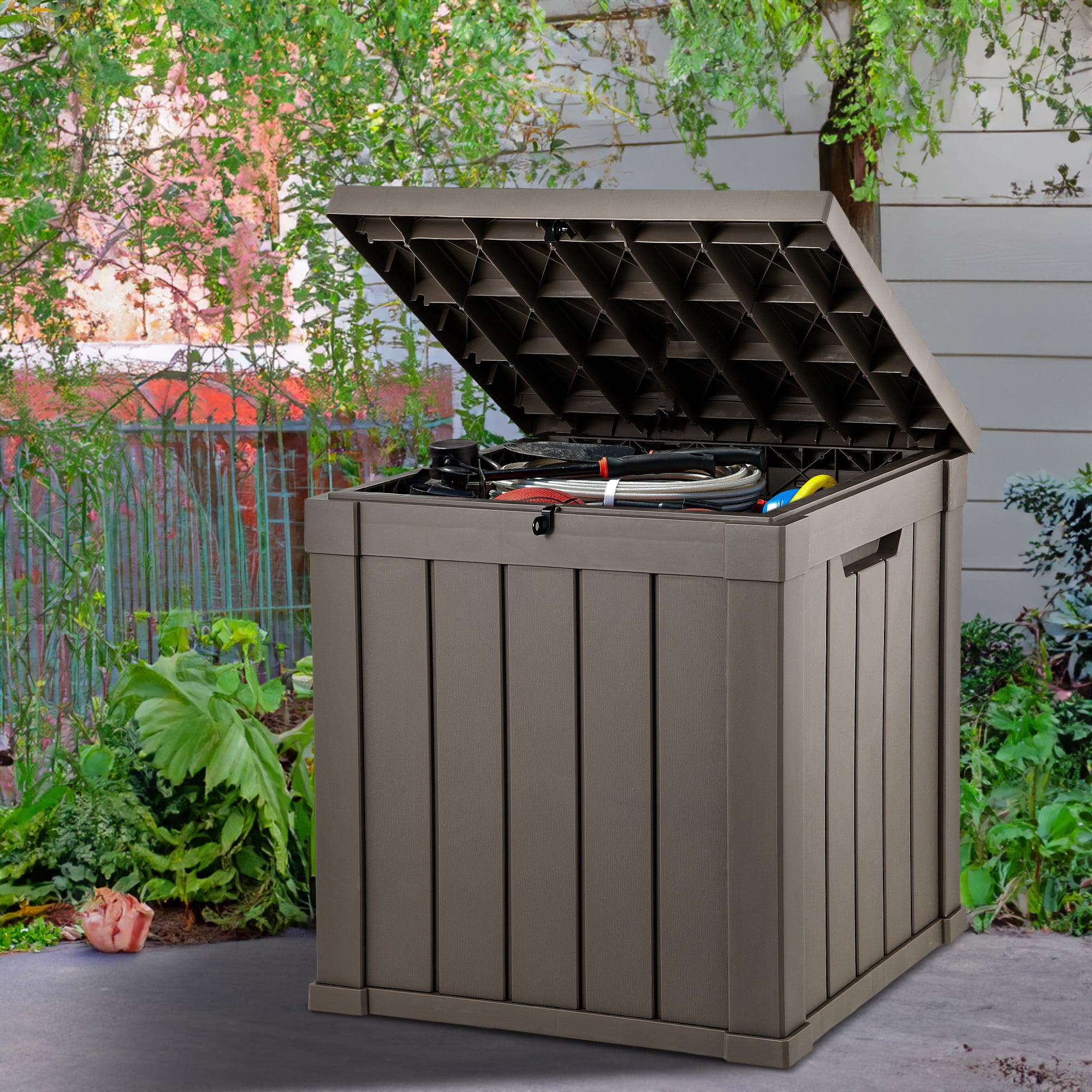 Uforic 51 Gallon Outdoor Resin Deck Box, Waterproof Storage Box with Lockable Lid &  Side Handles, Light Brown