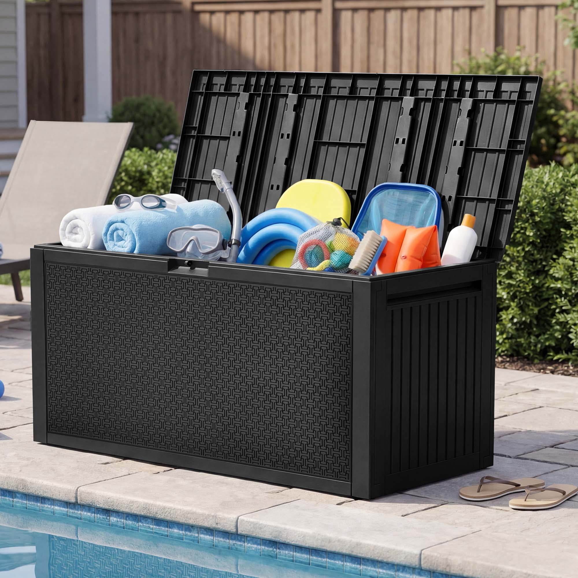 Uforic 90 Gallon Resin Outdoor Deck Box, Waterproof UV Resistant Lockable Storage Box with Handles, Black