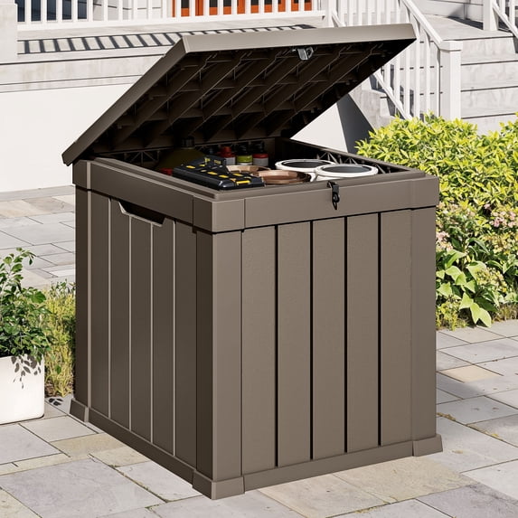 Uforic 51 Gallon Resin Outdoor Deck Box, Waterproof Lockable Storage Box with Side Handles for Patio Garden Pool, Light Brown