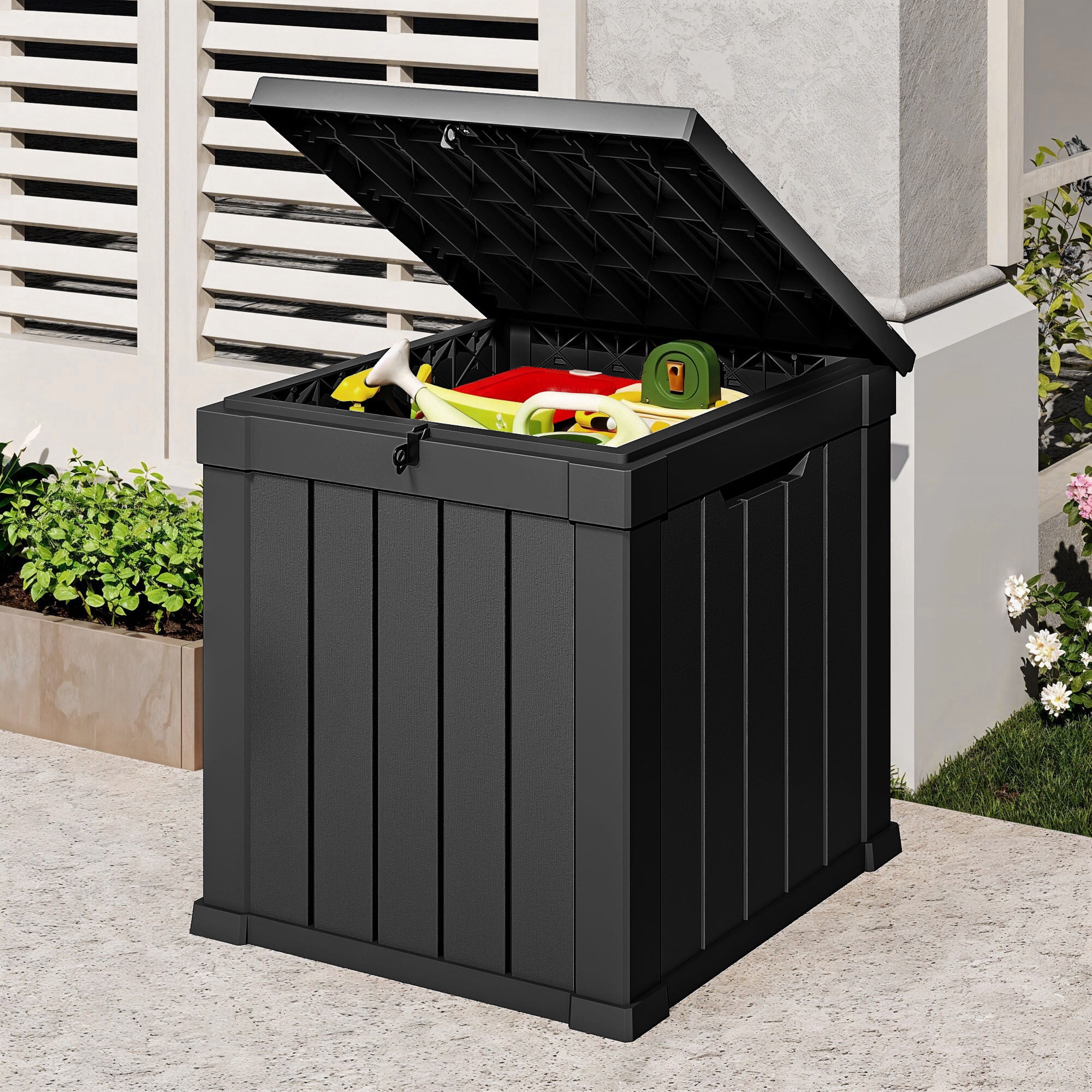 Uforic 51 Gallon Waterproof Lockable Deck Box, Resin Outdoor Storage Box, Black