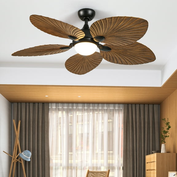 Uforic 52" 5-Blade Tropical Ceiling Fan with LED Light(DOE) & Multi-Functional Remote, 6 Quiet DC Motor Speeds, Reversible for Indoor and Outdoor Spaces, Walnut