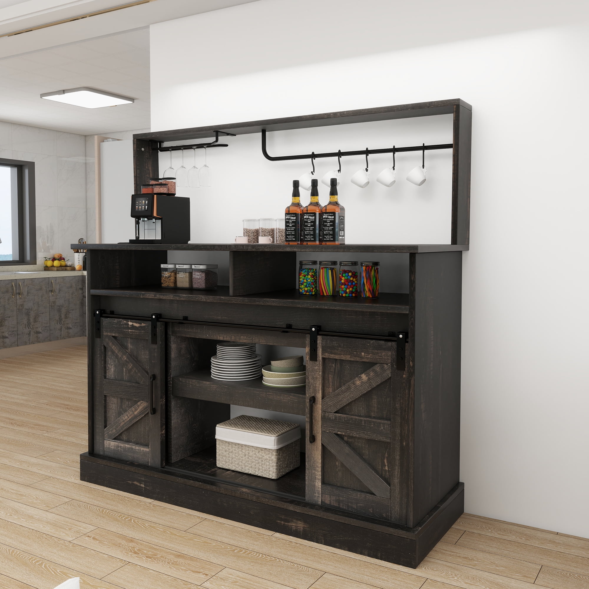 Uforic 52" Farmhouse Coffee Bar Cabinet,Barn Door, Wine Glass Rack, 5 Hooks, Sockets for Living Room