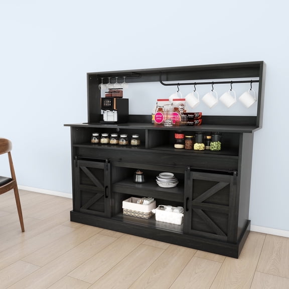 Uforic 52" Farmhouse Wine Cabinet, Sliding Barn Door Sideboard with Power Outlets & Goblet Holder (Black Oak)