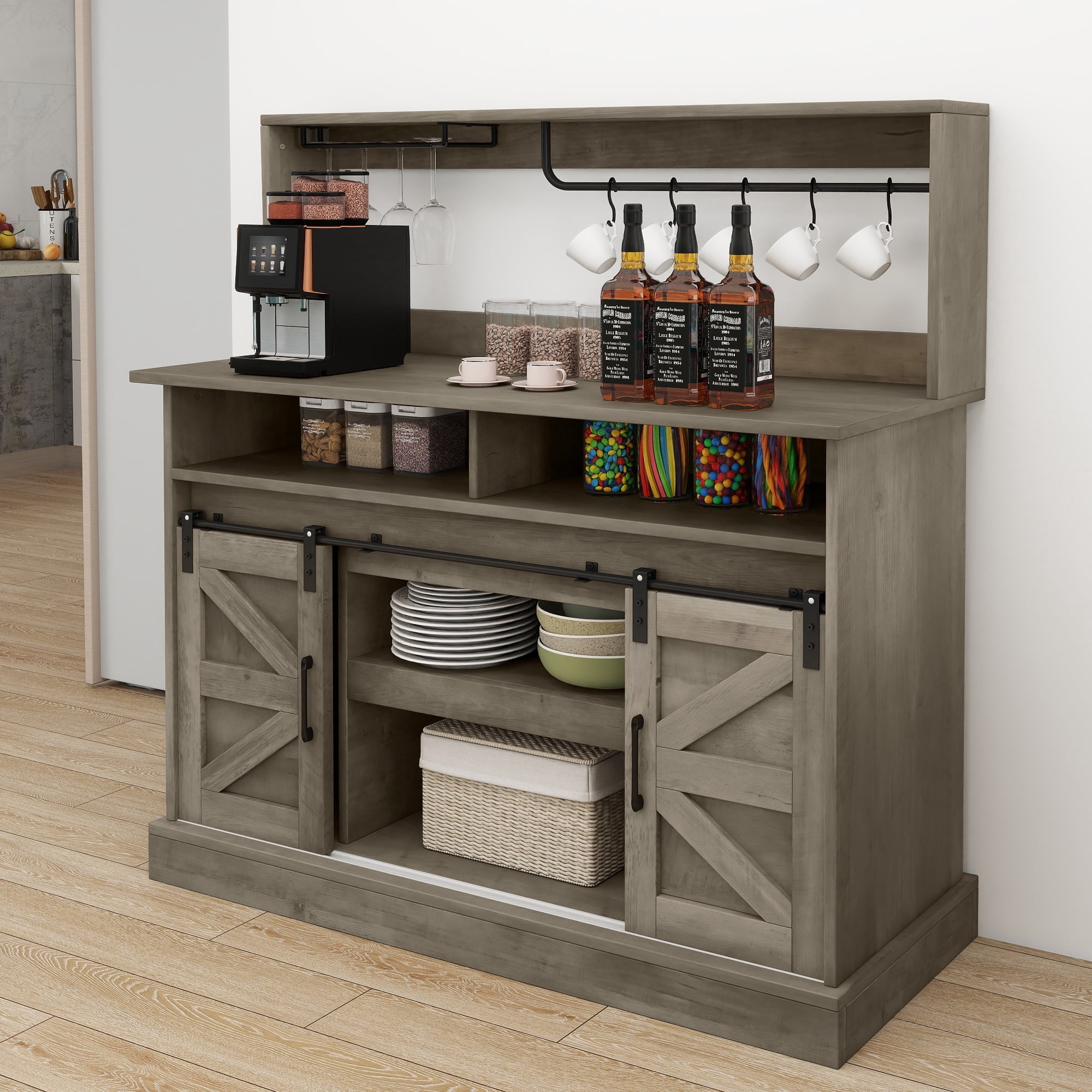 Uforic 52" Farmhouse Wine Cabinet, Sliding Barn Door Sideboard with Power Outlets & Goblet Holder (Gray)
