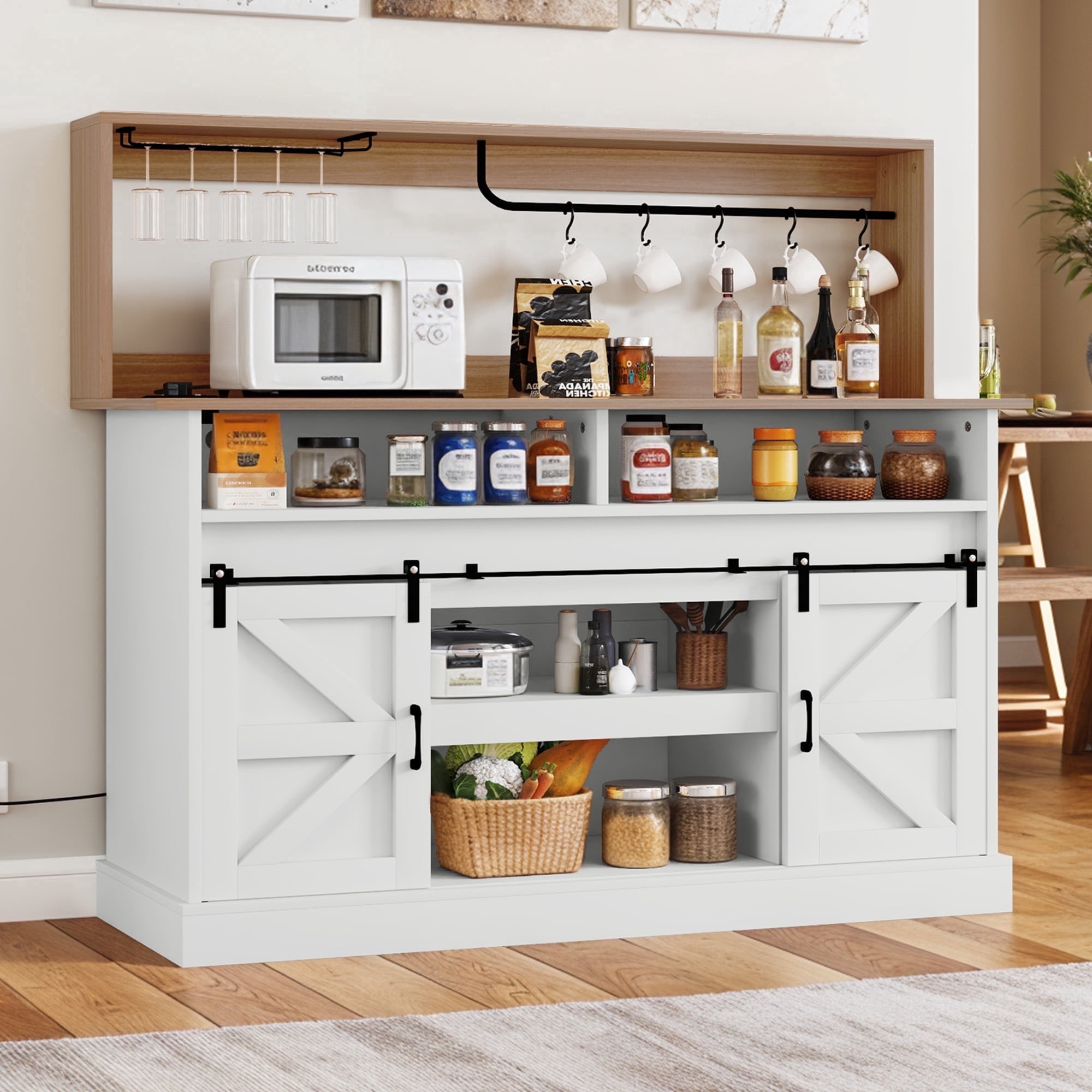 Uforic 52" Farmhouse Wine Cabinet, Sliding Barn Door Sideboard with Power Outlets & Goblet Holder (White)