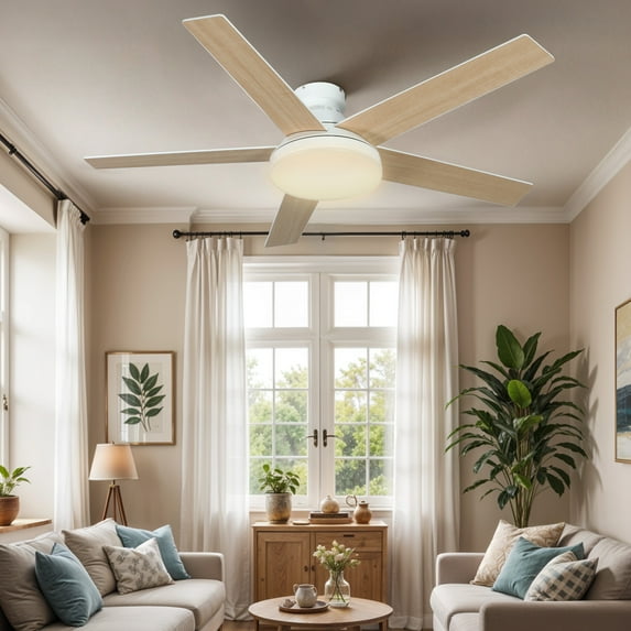 Uforic 52" Flush Mount Ceiling Fans with Light and Remote Control,5 Blades Outdoor Ceiling Fan - White