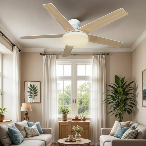 Uforic 52" Flush Mount Ceiling Fans with Light and Remote Control,5 Blades Outdoor Ceiling Fan - White