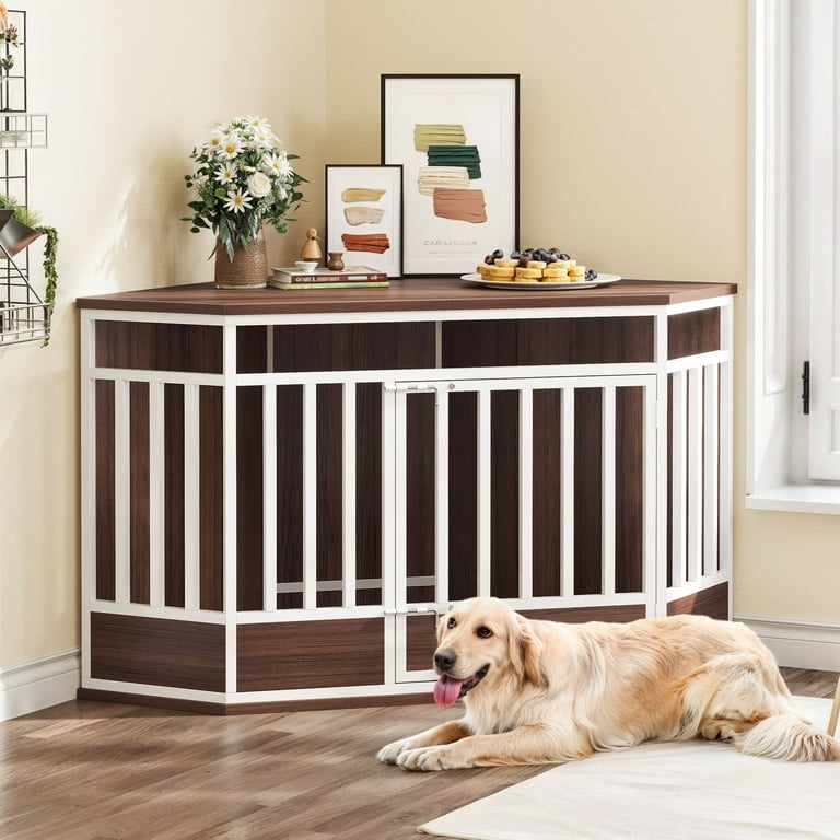 Uforic 52 Inch Heavy Duty Corner Dog Crate Furniture Large Wooden Dog Kennel End Table for Large Dogs White Walnut Walmart