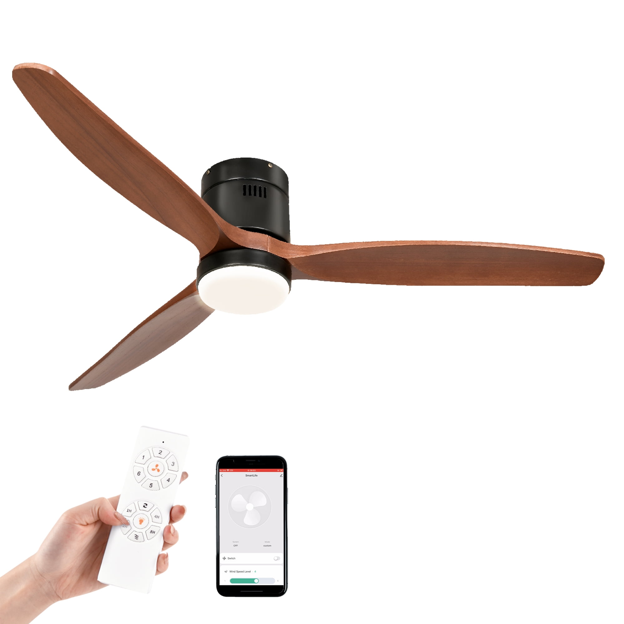 Uforic 52 Inch Low Profile Ceiling Fan with Lights Remote with Alexa, Flush Mount Ceiling Fan with 6 speeds - Black & Walnut