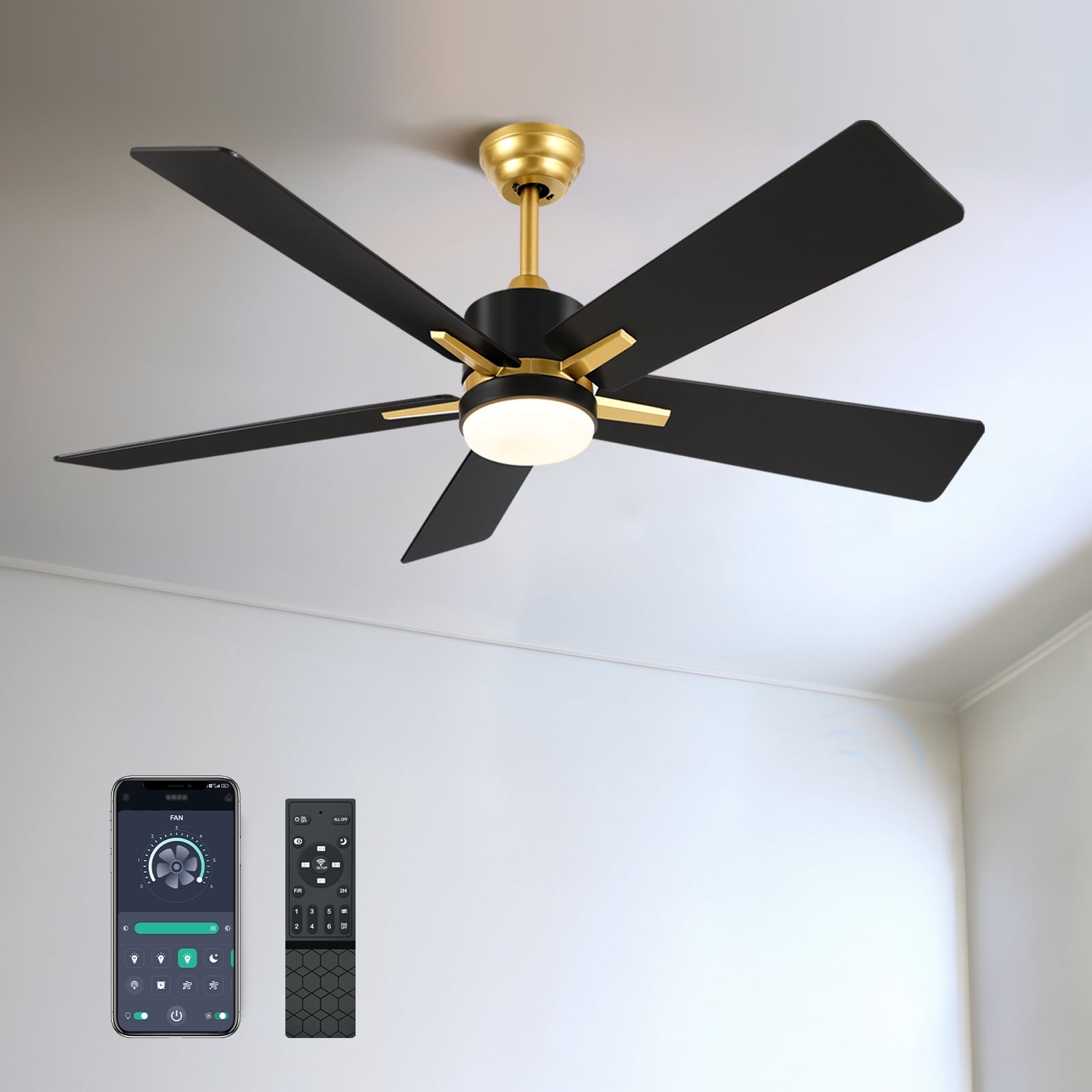 Uforic 52 Inch Modern Ceiling Fan with Light and Remote,APP Control,6 Speed, 5 Blades,Reversible Airflow for Indoor - Black & Gold