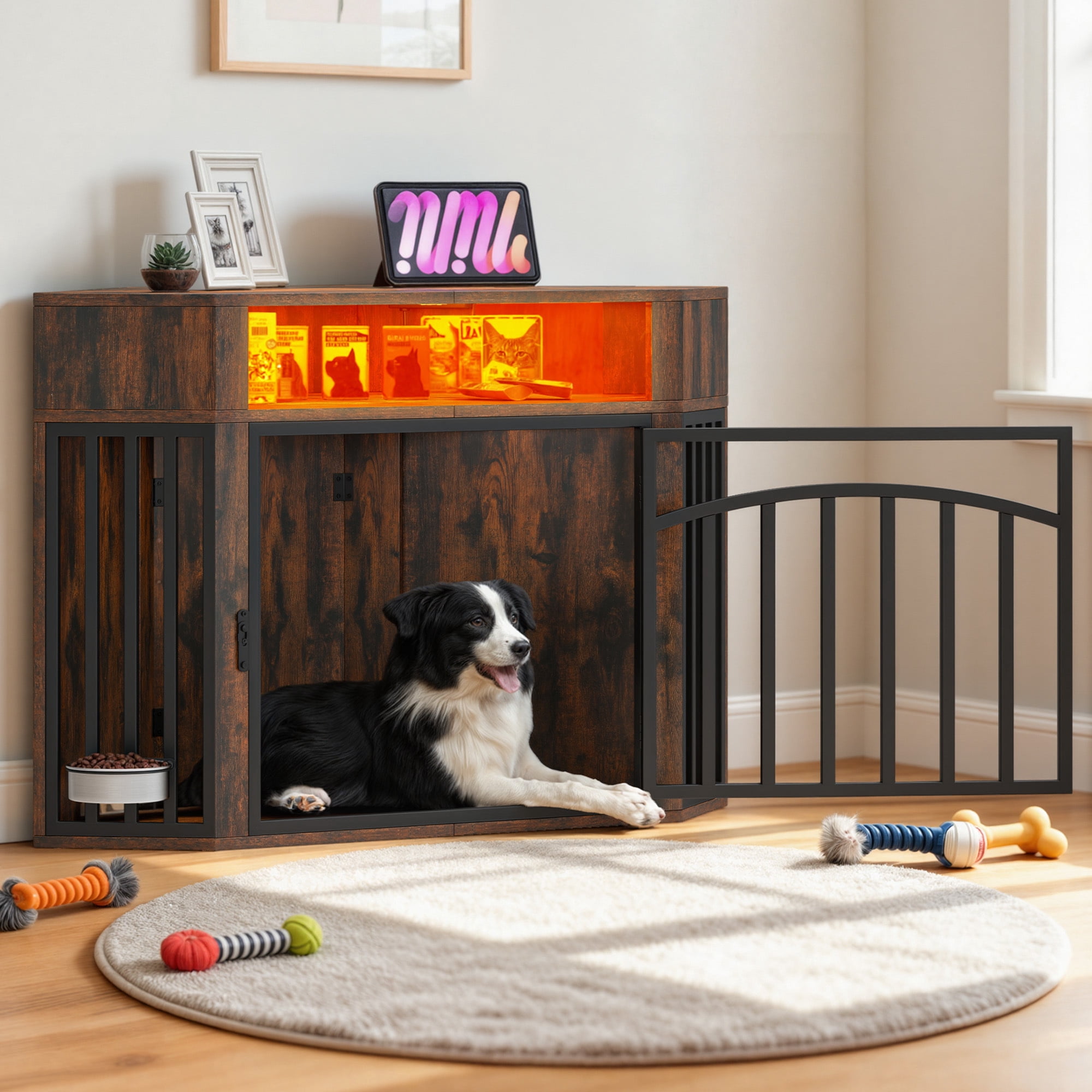 Uforic 52 Inch Rustic Brown Corner Dog Crate Furniture, Indoor Heavy Duty Kennel with LED Light, Power Outlets & 360° Bowl