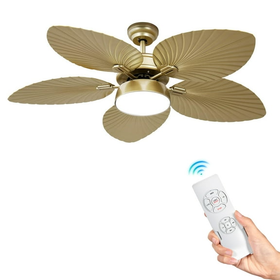 Uforic 52-Inch Tropical Ceiling Fan with LED Light and Remote,5 Palm Leaf Blades ceiling fan - Gold