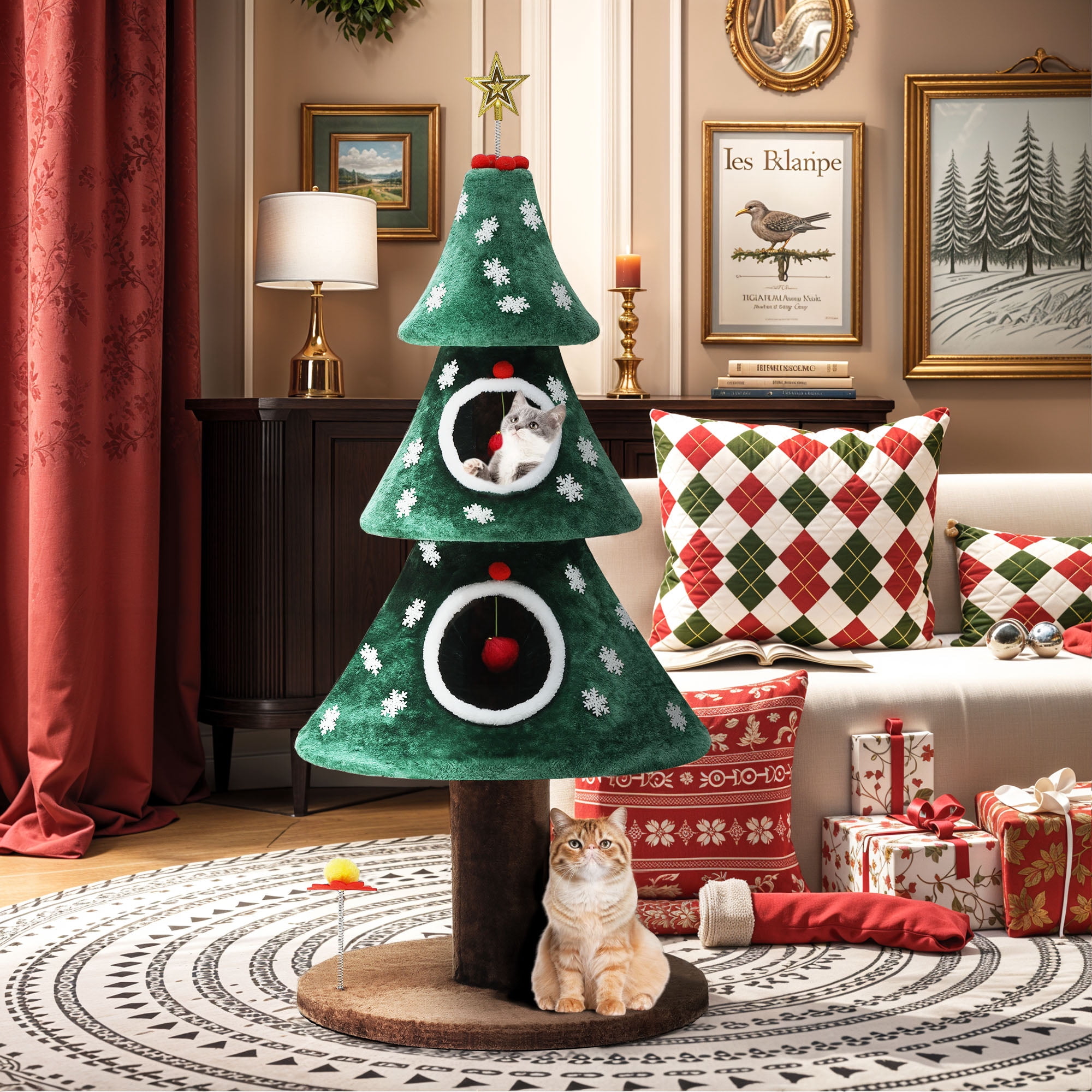 Uforic 52" Large Christmas Cat Tree Tower with 2 Condos &Teaser Plaything, Green
