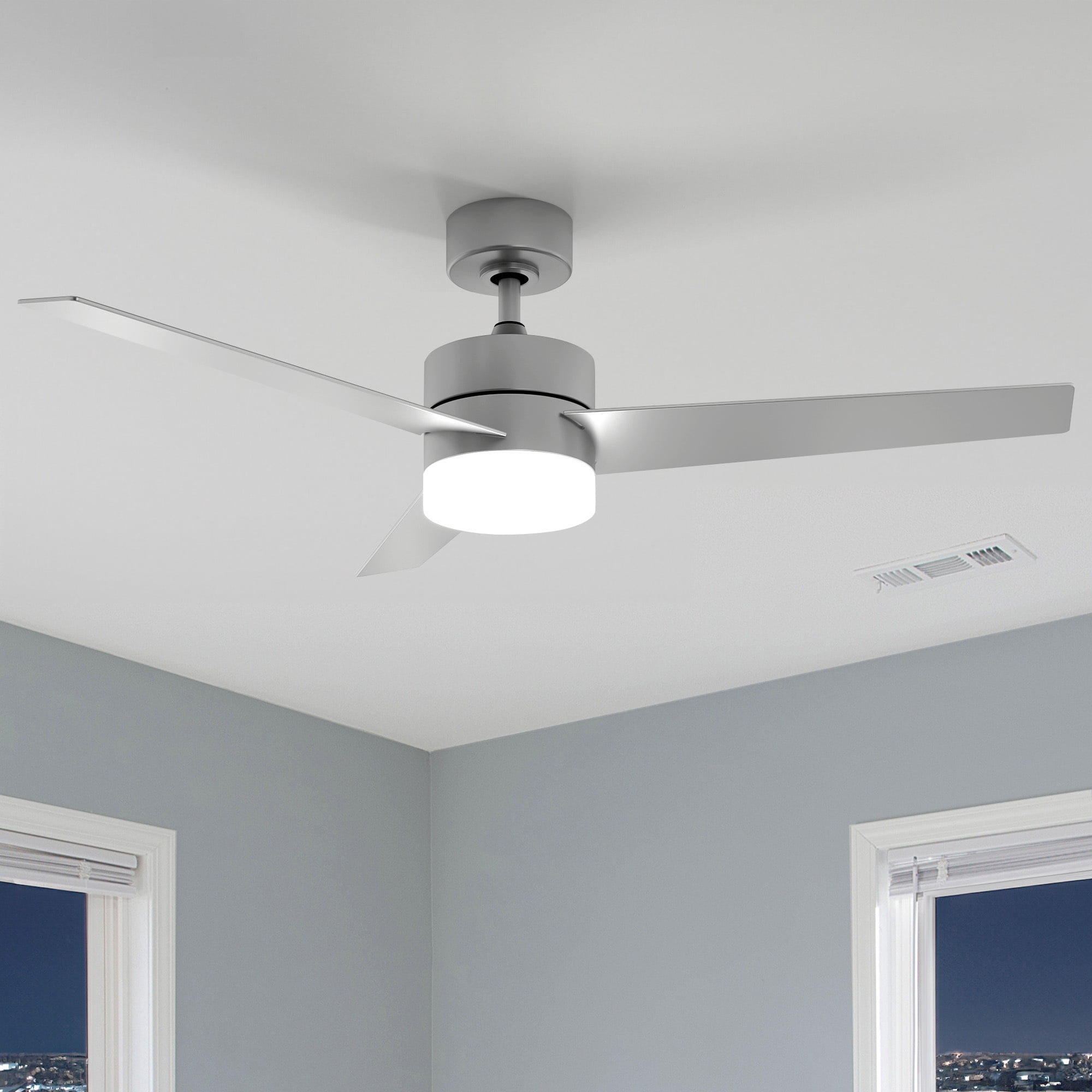 Uforic 52" Modern Ceiling Fan with LED Light and Dimmable Remote,6-Speed Reversible DC Motor, 3-Blade Timing Industrial Ceiling Fan for Living Room, Bedroom, and Outdoor Terraces, Silver