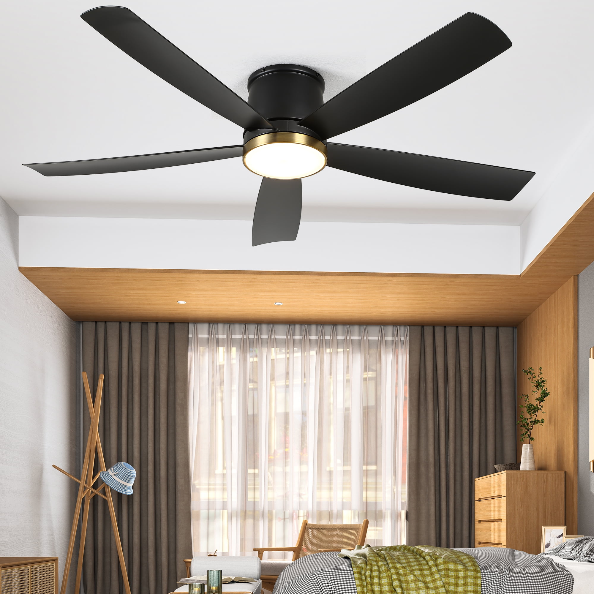 Uforic 52" Quiet Ceiling Fan with Tri-Color LED Light, Remote Control, and 6-Speed Flush Mount for Bedrooms and Living Rooms (Black + Gold Accent)