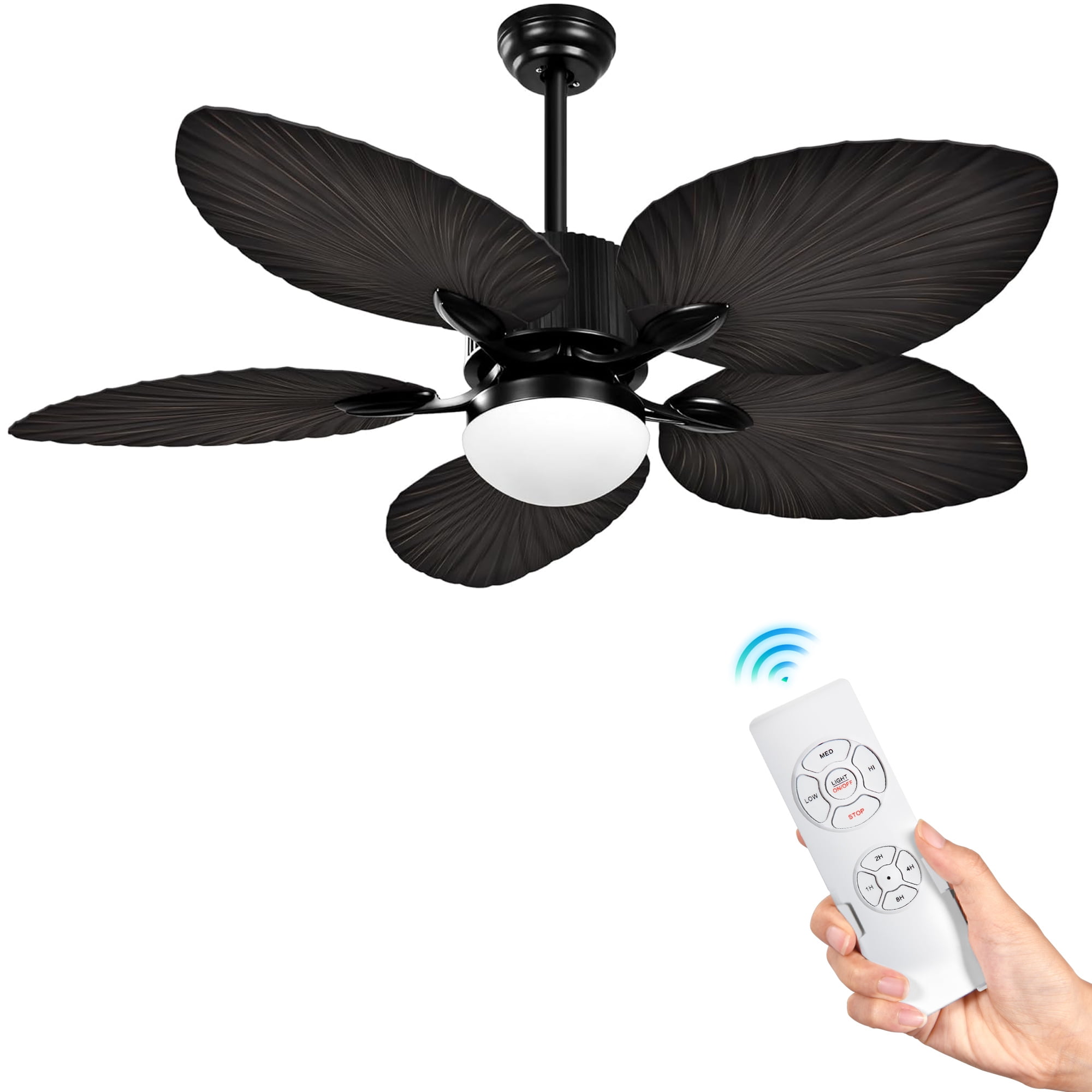 Uforic 52" Tropical Black Ceiling Fan with Light and Remote,5 Palm Leaf Blades Energy-efficient ceiling fan