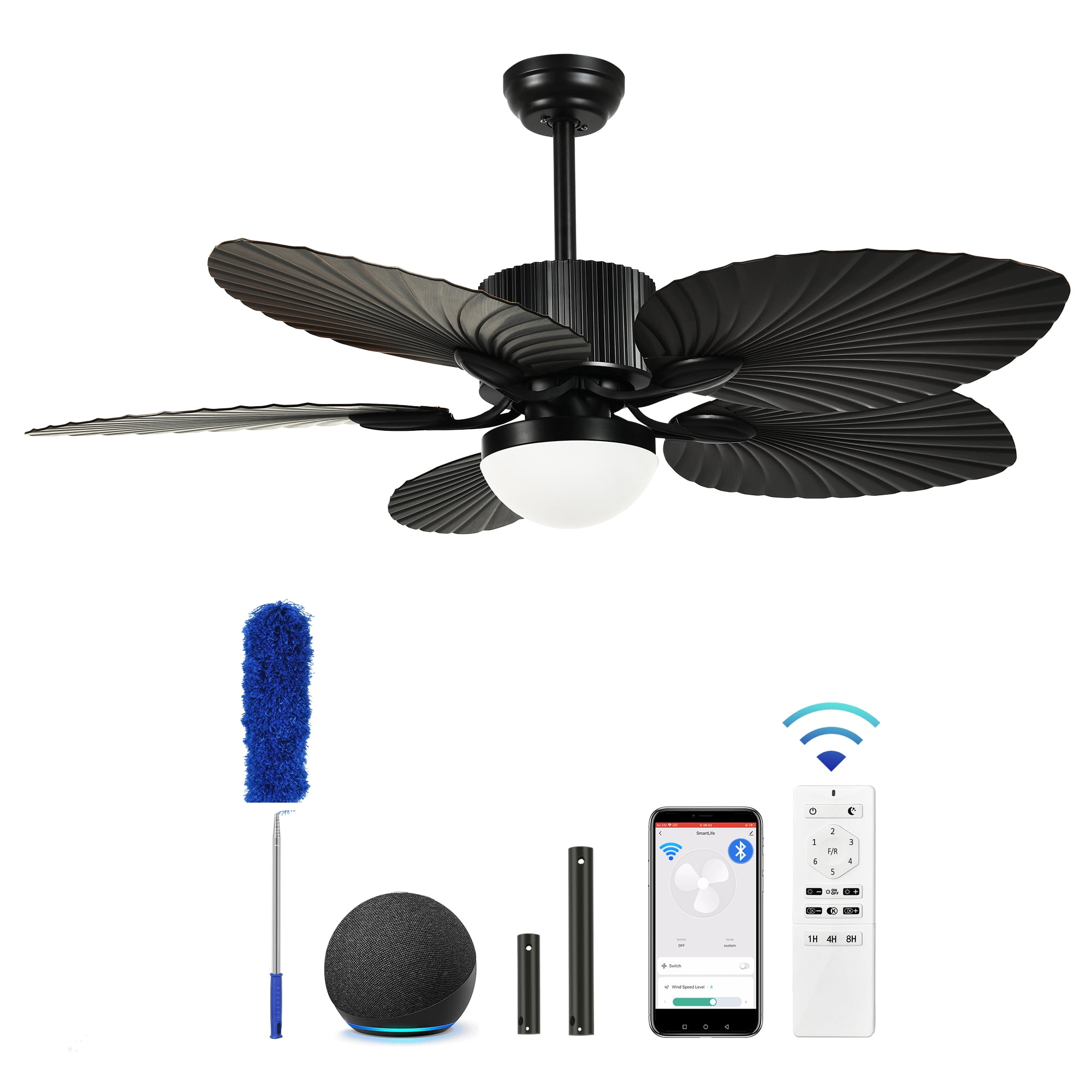 Uforic 52" Tropical Ceiling Fans with LED Light and Remote,Alexa,3 Ways Control,5 Palm Leaf blades Black Ceiling Fan